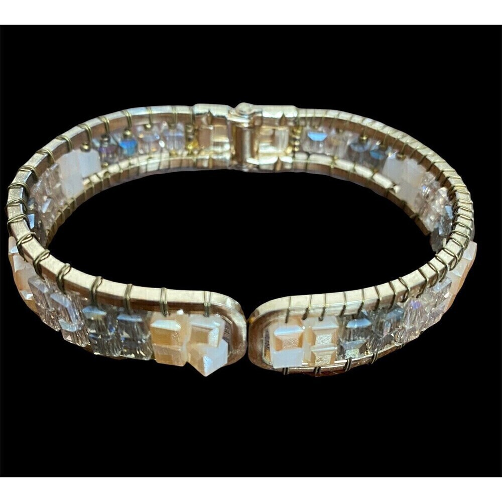 Bangle Clamper Bracelet Goldtone with Multi-Color Aurora Borealis Stones AB